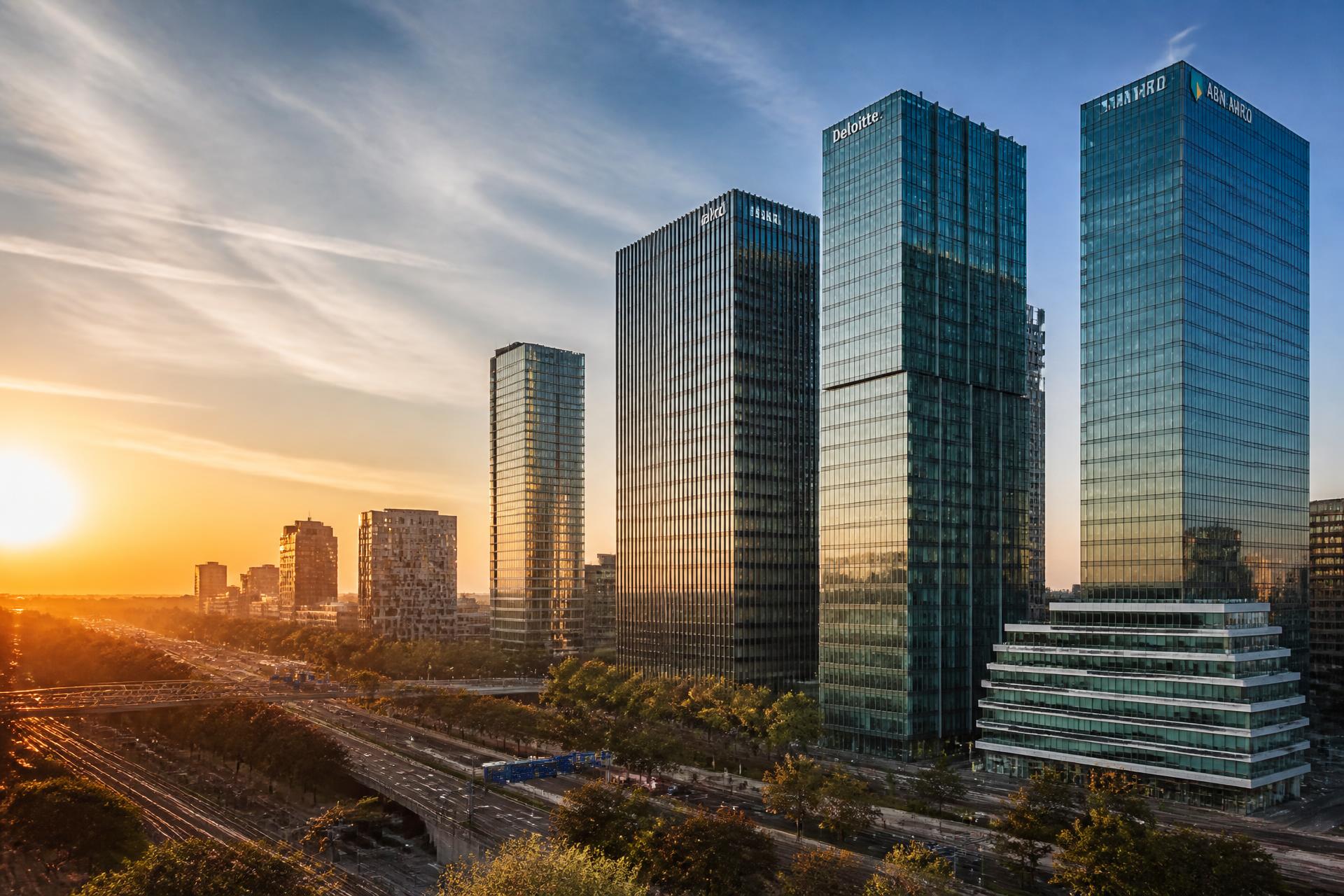 Amsterdam Zuidas skyline bij zonsondergang